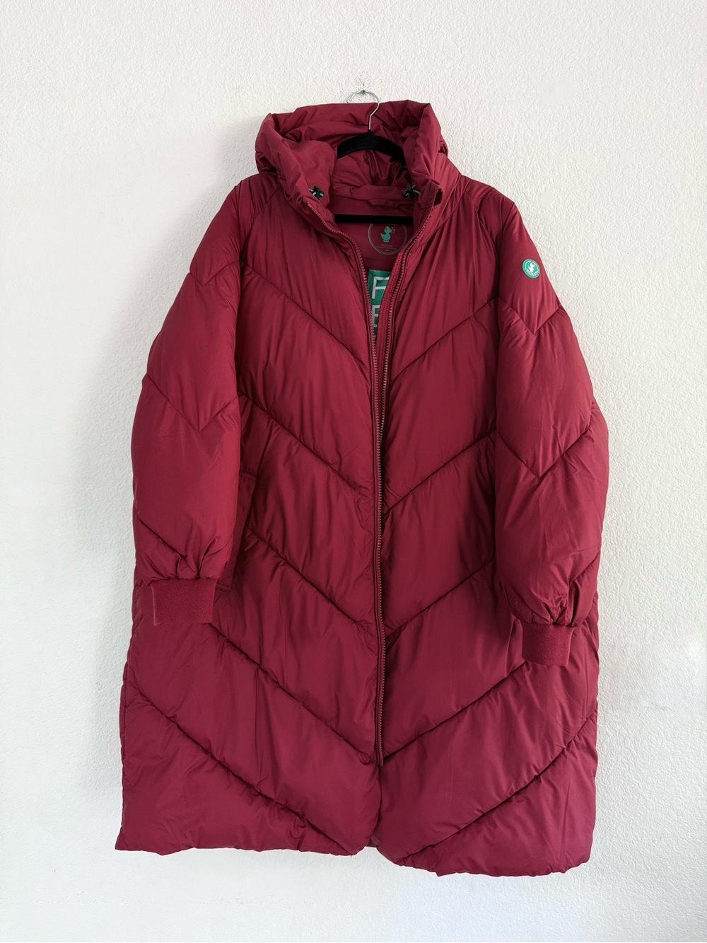 SAVE THE DUCK Raspberry Red Long Hooded Vegan Puffer Coat